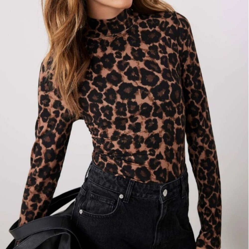 Mint Velvet - Animal (Leopard) Print Hight Neck Top - Small (US 4-6) NWT